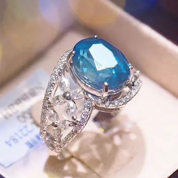 Klasický Veľký Oválny Modrý Zirkón Prstene Pre Ženy Šperky, Svadobné Zásnubný Dar Luxusné Crystal Kameň Striebornej Farbe S Krúžky Veľkoobchod