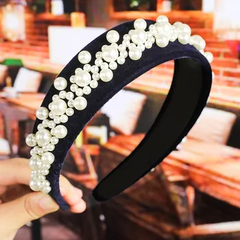 Široký Kórejský Módne Luxusné Perly Svadobné Hairband Jednoduché Velvet Hlavový Most Pre Strany Žien Headdress Vlasy Príslušenstvo