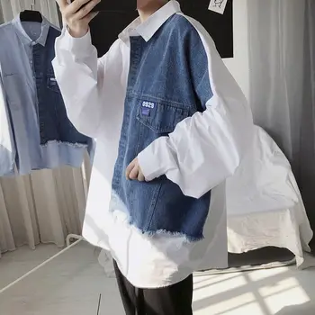 Pánske Patch Práce Košele 2020 Harajuku Mužov Bežné Tričko s Dlhým Rukávom Topy Streetwear Muž kórejský Nadrozmerné Blúzka