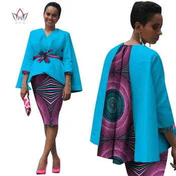 Afrika Štýl Ženy Afriky Oblečenie Dve Dielna Sada Šaty, Oblek pre Ženy, Topy, Bundy a Tlač Sukne Bazin Riche Oblečenie WY809