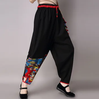 Retro bežné nohavice pre ženy, na jar a na jeseň Čínsky štýl, bavlnená posteľná bielizeň veľké veľkosti širokú nohu, nohavice voľné krátke nohavice