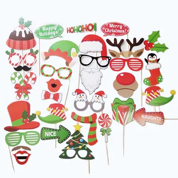 32 sady Vianočné fotografie rekvizity Santa Claus snehuliak elk vtipné foto fúzy okuliare, masky