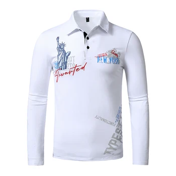 Nové Bavlnené Polo Tričko Dlhý Rukáv Mužov Kórejský Módne Socha Slobody Tlače Výšivky Pevné Jersey Mens Camisas Polo Topy Tees
