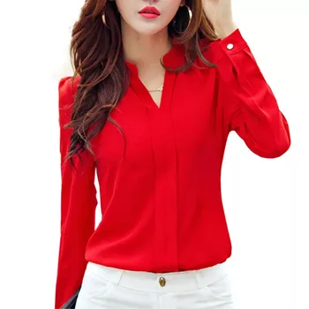 Tričko S Dlhým Rukávom Ženy Jeseň Oblečenie Móda Slim Šifón Blúzka V Krku Kórejský Elegantné Dámy Office Košele Biela Červená