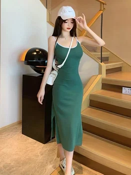 Y2k dlho bodycon šaty so štrbinou sexy bez rukávov midi šaty žien lete zelenej šatke, vysoký pás šaty