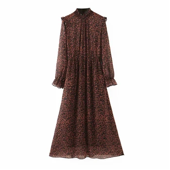 Vintage leopard tlač skladaný midi šaty Žien zvierat vzor dlhý rukáv volánikmi elastický pás bežné šaty vestidos