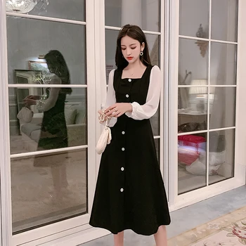 COIGARSAM 3XL Plus Veľkosť Patchwork Ženy jednodielne šaty kórejský Nové Jarné Šifón Singel svojim Šaty Black 3626