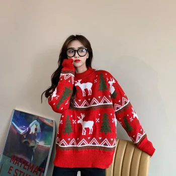 AECU 2021 Ženy Vianočný Sveter Zimné Škaredé Sveter Teplé Pletené Jumper Knitwear Snowflake Elk Tlač Svetre A Pulóvre