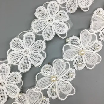 2Yd 2-Vrstvy 3D Biely Kvet Pearl Čipkou Trim Svadobné Šaty, Oblečenie, Vyšívané Orez Pásky Textílie DIY Šitie Plavidlá Dekorácie