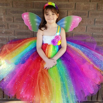 Rainbow Dievčatá Lesk Tutu Šaty Deti Iskru Tylu Šaty Flower plesové Šaty s Motýlie Deti Kostým Party Šaty