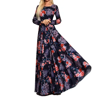 Elegantné jeseň dámske Šaty 2020 Bežné Bohemia Kvetina Tlače Dlho Maxi Šaty Módne Dlhý Rukáv O-krku Krajky-up Vestidos