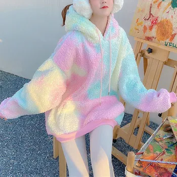 Zimné Rainbow Kawaii Kožušiny Hoodies Ženy Teplé Sladké Nadrozmerné Hoodie Žena Harajuku High Street Kórejský Mikina Ženy 2020 Nové