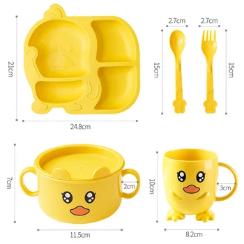 Cartoon riad deti jedál malé žlté kačice tanieri odpor jeseň dieťa doska lyžica detskej výživy riad nastaviť