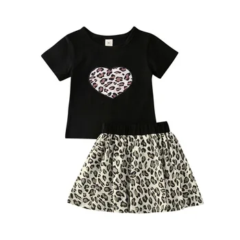 Módne letné oblečenie pre baby girl 2/7Y Láska Srdce Leopard Tlač T-shirt Skladaný Sukne Oblečenie Nastaviť футболка для девушки t5