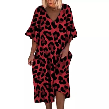 3XL Nadrozmerné Ženy Leopard Tlač Voľné Šaty Plus Veľkosť Oblečenie pre voľný čas tvaru Motýľa Rukáv Midi Ženské Šaty na Jeseň 2020 Nové