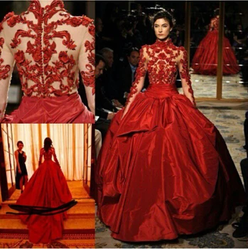 Luxusné Červené Vysoká Krku Večerné šaty s Dlhým rukávom Čipky Loptu priesvitné Šaty prom vestido de festa party šaty matka nevesty šaty