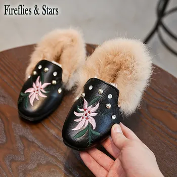 Jeseň a v Zime teplý dievčatá cesto topánky deti mokasíny deti topánky, módne faux kožušiny crystal kvetinové výšivky PU 1 do 12 rokov