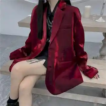 Burgundsko Sako Ženy Top Crimson Svetlé Hodvábny Oblek, Žena Kórejský Štýl Osobnosti Západnej Módne Čistá Red Top Voľné Bunda