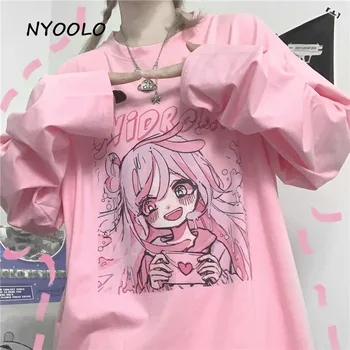 NYOOLO Sladké Komiksu, anime láska dievča s dlhým rukávom ružové tričko ženy Jeseň streetwear O-krku pulóvre kawaii roztomilý topy čaj