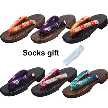 Etnické Japonské Tradičné Topánky Žena Drevené Geta Dreváky Papuče Kvetinový 3D Sakura Tlač Drevené Okrúhle Prst Flip Flops Sandále