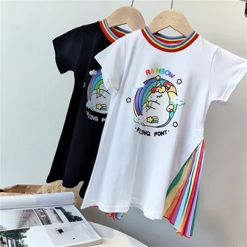 V lete roku 2020 Nové Dieťa Deti Krátkym rukávom Šaty pre Dievčatá Cartoon Jednorožec Tlač Rainbow Šifón A-line Šaty