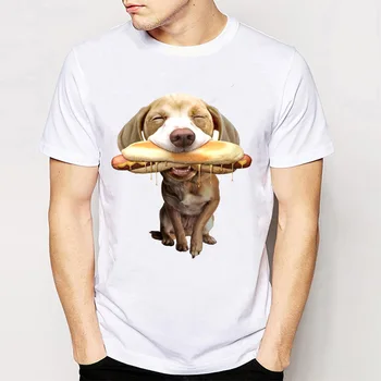 Hip Hop Jazvečík Psa So Hotdog Tlačiť T-Shirt Lete Muži t-shirt Zábavné Psa Dizajn Biela Bežné Topy Lumbálna v Pohode Chlapec Tees