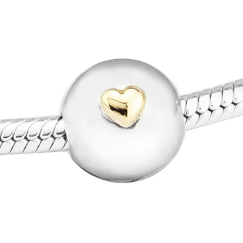 Hodí sa Pre Pandora Náramky, Odznaky Srdce Klip zobrazili kľúčové tlačidlá s 14K Skutočné Zlato 925 Sterling-Striebro-Šperky, Perly Doprava Zadarmo