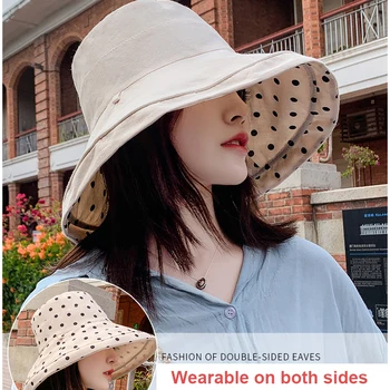 USPOP Letné klobúky ženy vedro klobúky polka dot bavlnené čiapky Panama slnko klobúky Nositeľné na oboch stranách