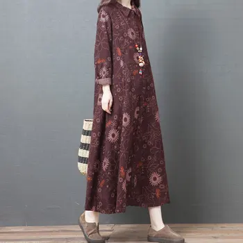 DIMANAF Plus Veľkosť Ženy Šaty, Bielizeň Žena Kvetinový Tlač Dlhé Voľné Bežné Vintage Jeseň Tlačidlá Národnej Retro 2020 Nové Šaty