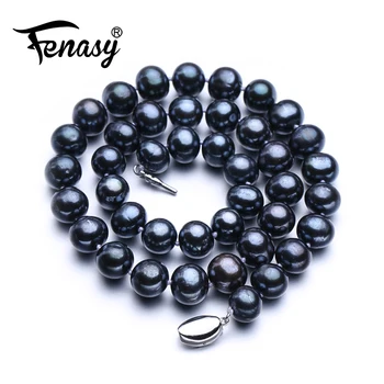 FENASY 9-10 mm Prírodné Sladkovodné Perly Náhrdelníky Pre Ženy Veľký Blízkosti Kolo Čierne Dlhé Perlový Náhrdelník Svadobné Pearl Šperky