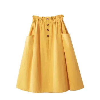 PEONFLY Nové Farbou Sukne Ženy Koleno Dĺžke kórejský Elegantné Tlačidlo Vysoký Pás Sukne Ženy Skladaný S Vrecku Sukne