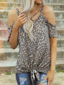Móda Ženy T-Shirt Žena Leopard Vytlačené Studenej Ramenný Tees Ženy Topy Pre Letné 2019 V-Neck Tee Topy