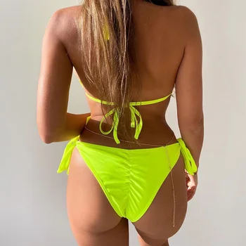 Neon Zelená Sexy Kryštál Diamantu Bikini 2020 Ženy Plavky Žena Brazílske Plavky Drahokamu Bikini set plavky s uväzovaním za