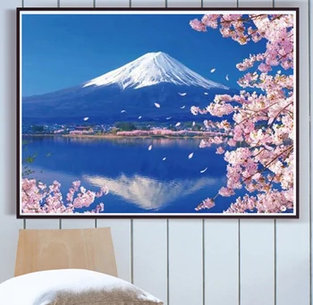 Paintmake Krajiny DIY Farba Čísla Č Rám Mount Fuji olejomaľba Na Plátne Čerešňové kvety Pre Home decor Art Obrázok