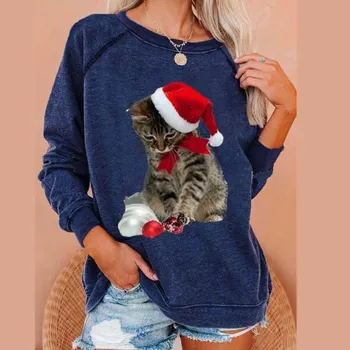 Roztomilé Mačka Vianočné Tlač Žena Tshirt O Krk Bežné Dlhé Rukávy Jar Jeseň Nové Produkty Voľné Vintage Vianočné Dámy Čaj