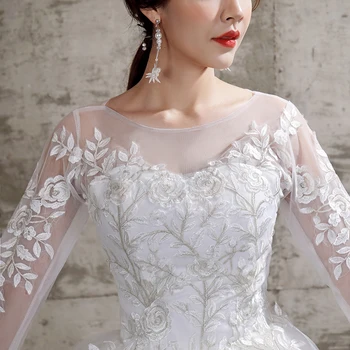 Nové Letné kórejský Svetlo svadobné šaty Vestidos De Novia mimo biela nevesta O-krku sen princezná jednoduchý Dlhý Rukáv Čipky appliques