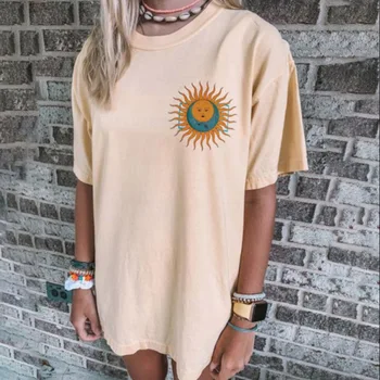 2020 Módne Nadrozmerné T-košele pre Ženy Harajuku Letné Krátke Rukáv Tričko Jednoduché Sun Moon Vytlačené T Shirt dámske Retro Topy