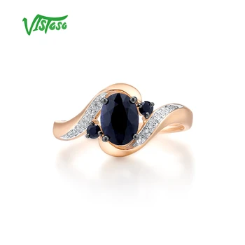 VISTOSO Zlaté Prstene Pre Ženy, Skutočné 14K 585 Rose Gold Ring Iskrivý Diamant Prírodné Blue Sapphire Luxusné Módne Jemné Šperky