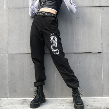 Weekeep Čínsky Štýl Dragon Výšivky Nohavice Ženy Čierna Vysoký Pás Voľné Ceruzkou Nohavice 2019 Móda Plná Dĺžka Nohavice Ženy