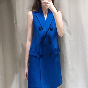 Zimná Vesta Ženy Bez Rukávov Saka Vesta Dámy Cardigan Vintage Blue Blazer Dlhý Plášť Bez Rukávov Kórejský Vesta Ženy 2019