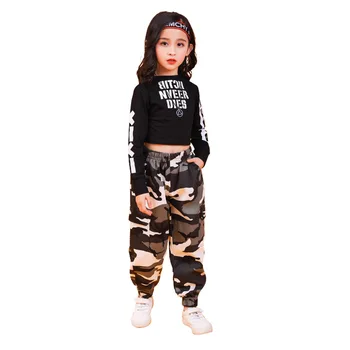 Dieťa Hip Hop Oblečenie Mikina Plodín Top Dlhý Rukáv Kamufláž Streetwear Taktické Cargo Nohavice pre Dievčatá Tanečných Kostýmov, Šiat