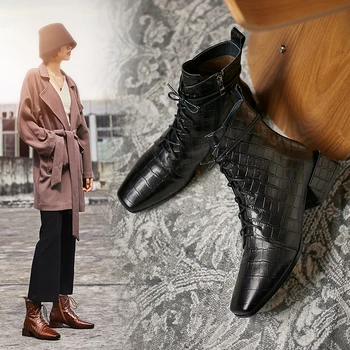 IN HOT Ženy členková obuv prírodná useň obuv jeseň a v zime velvet topánky Fashion Square hlavu reliéfne kamenné vzor