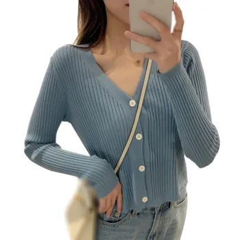 Dámske Tričká kórejský Farbou V-Neck Fashion Slim Fit Top Dlho Puzdre Tričko Pletené Camiseta Cardigan Vetements Femmes