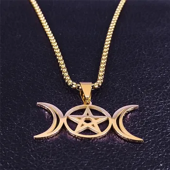 Witchcraft Pentagram Sun Moon Nehrdzavejúcej Ocele, Náhrdelníky, Prívesky, Ženy/Muži Zlatá Farba Reťazca Šperky, Náhrdelníky bijoux femme N4442