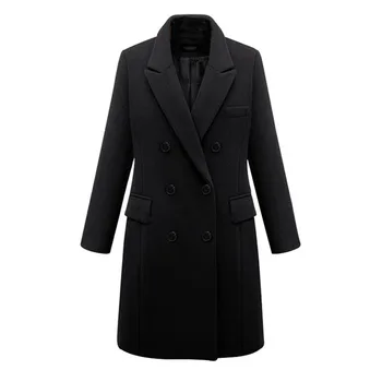 2020 Jeseň Zimný Kabát Ženy Bežné Pevné Vlny Bundy Blejzre Žena Elegantné Dvojité Breasted Plus Veľkosť Dlho vrchné oblečenie 4XL 5XL