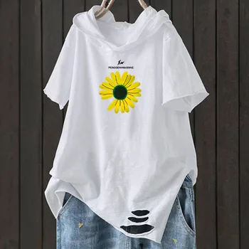Ženy T-shirt Lete Roku 2020 Nová Móda Plus Veľkosť Krátky Rukáv Voľné Bežné Kapucňou Tee Tričko Otvor Bavlna Femme Tlač Umeleckých Topy