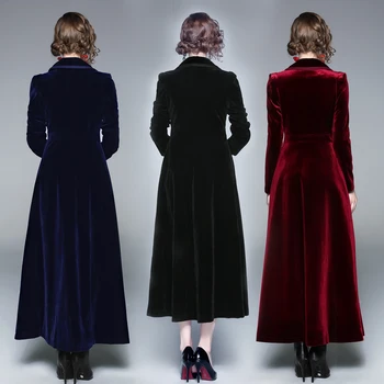 Dámske Navy Blue Velvet Čierne Červené Víno Dlho Windbreaker Bunda Ženy Kabát Ženy Manteau Femme