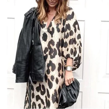 Jesenné a Zimné Kadin Elbise Nový Štýl Dlho tvaru Voľné Svietidla Rukáv Leopard Tlač Šaty Ropa De Mujer Zevity Leopard Šaty