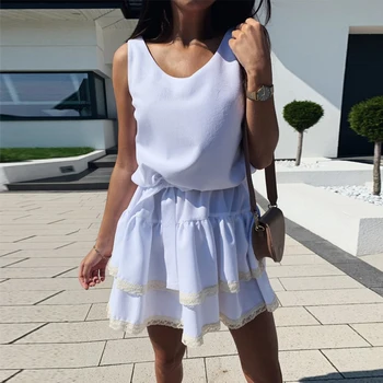 Leto V Krku Čipky Prehrabať Bez Rukávov Šaty Žien Voľné Čipky Skladaný Riadok Mini Sundress Bežné Biele Holiday Beach Šaty