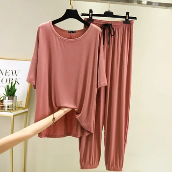 Pijamas ženy pyžamá 2020 Lete Modálne Domov Vyhovuje Ženskej plus Veľkosť T-shirt+Šnúrkou Voľné Capri nohavice 2 ks nastaviť tepláky